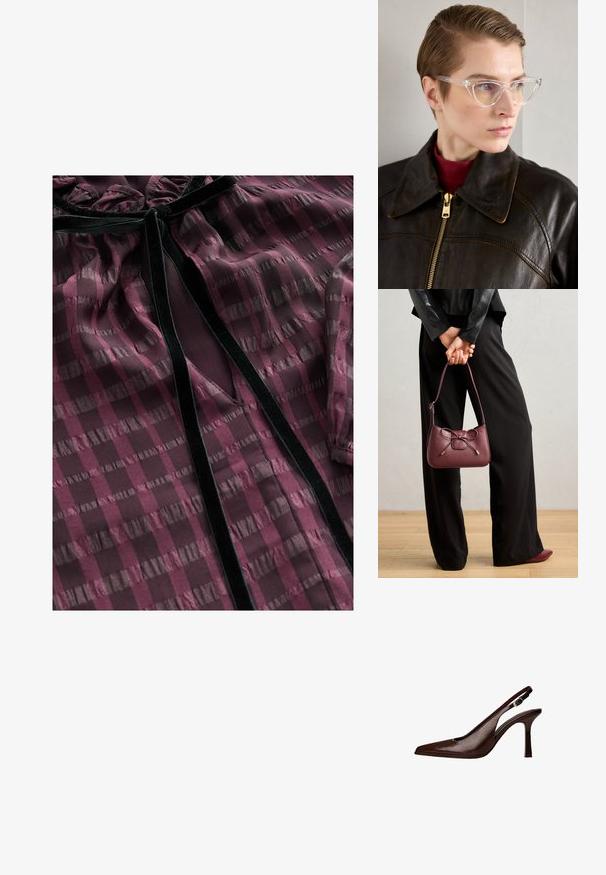 Blusa trasparente bordeaux con motivi a righe orizzontali e verticali, dettagli in velluto, scollatura ondulata e un'apertura a forma di V sulla parte anteriore.; Scarpa pump slingback in pelle marrone con punta affusolata e tacco sottile. Presenta una piccola fibbia decorativa sulla cinghia e una finitura lucida.; Occhiali cat-eye in acetato trasparente con lenti gialle, indossati da una persona con giacca di pelle nera e dolcevita rossa. Texture liscia.; Borsa in pelle bordeaux con dettaglio a fiocco, dotata di una tracolla sottile e hardware dorato, tenuta da una persona che indossa pantaloni neri.