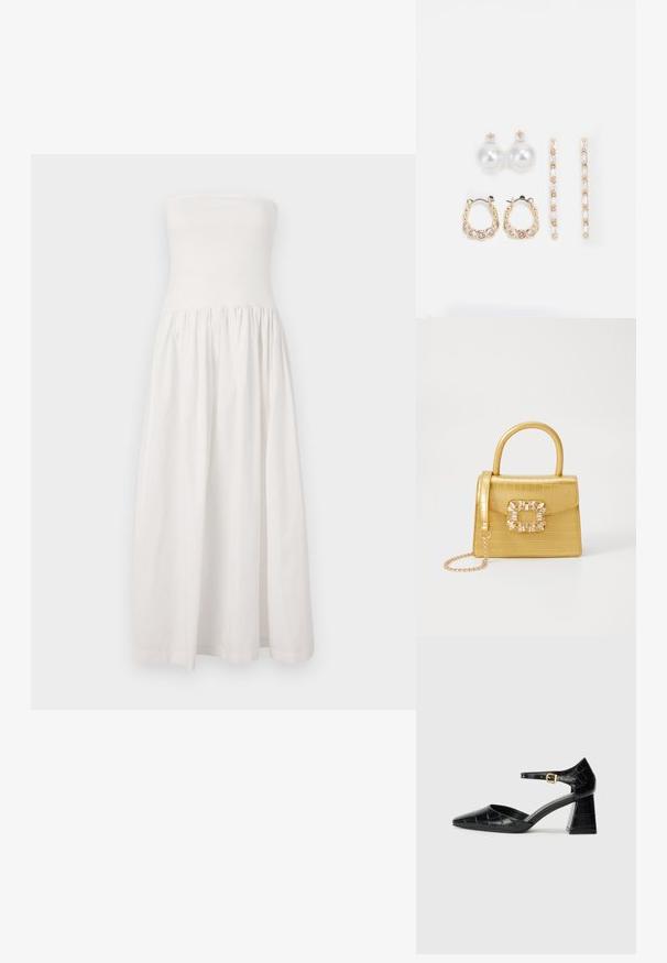 Biela bezramenná maxi šaty s priliehajúcim korzetom, z gathered pásom a splývavou sukňou. Vyrobené z hladkej, ľahkej tkaniny.; Čierna lakovaná kožená vysoká opätková topánka s špicatou špičkou, remienkom okolo členka a textúrovaným vzorom krokodíla. Dizajn so štvorcovým blokovým opätkom.; Žltá falošná krokodília kabelka so štruktúrovaným dizajnom, horným držadlom, odnímateľným reťazovým popruhom a dekoratívnym kryštálovým ozdobením na zapínaní.; Tri páry náušníc: veľké biele perlové náušnice, zlaté kruhové náušnice s priehľadnými drahými kameňmi a dvoje dlhé, priamé zlaté akcentové náušnice so trblietavými detailmi.