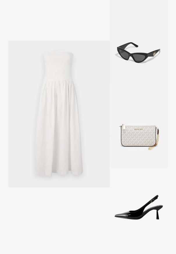 Fehér, pántnélküli maxi ruha, amelynek testre simuló felső része, ráncolt dereka és lágyan omló szoknya van. Simma, könnyű anyagból készült.; Fekete lakk bőr slingback pumpa hegyes orral, kivágott oldalakkal, állítható boka pánttal és vékony, elegáns sarkával.; Macska szemformájú napszemüveg matt fekete műanyag kerettel, sötét lencsékkel és arany logóval a szárán. Szögletes kialakítás és sima felület.; Michael Kors bézs bevonatos vászon karkötő, amely ismétlődő MK logó mintával, aranyszínű fémrészletekkel és levehető lánchordóval rendelkezik.; Két arany gyűrű van kiállítva, az egyik vastag és lekerekített, a másik vékony és lapos. Mindkettő sima, fényes felülettel rendelkezik, polírozott kivitelben.