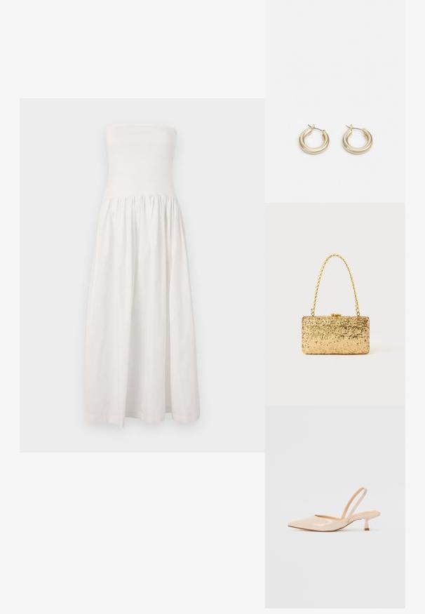 Balta strapless maxi kleita ar pieguļošu bodi, savilktu vidukli un plūstošu svārku. Izgatavota no gludas, vieglas auduma.; Bežīgas lakotas ādas slingback papēži ar smailu purngalu un šauru, kvadrātveida papēdi. Gluda tekstūra un minimālistisks dizains bez dekorēšanas elementiem.; Zelta sekmju soma ar taisnstūra formu, kurai ir savīti ķēdes rokturi un metāla aizdare, kas atspoguļo gaismu ar teksturētu apdari.; Lauren Ralph Lauren BASIC SMALL HOOP - Auskari - gold-coloured