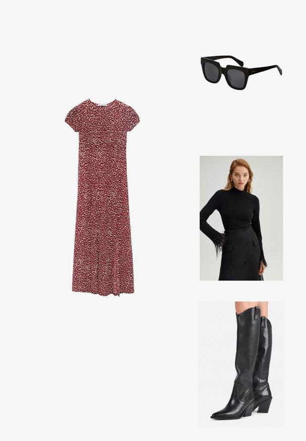 Crvena cvjetna haljina s kratkim napuhanim rukavima, koja ima nabrani dekolte i lepršavu suknju, prikazana na neutralnoj pozadini.; Crni dugi rukavi s visokim ovratnikom i pernatim detaljima na manžetama, u kombinaciji s crnom suknjom visokog struka koja ima velike dugmadi.; Crne kožne čizme do koljena s ispicanim vrhom, zakrivljenim okvirom i debelim potplatom. Imaju glatku teksturu i trake za povlačenje na vrhu.; Crne pravokutne sunčane naočale s debelim plastičnim okvirom i tamnim staklima. Naočale imaju elegantne ručke s sjajnim završetkom i minimalnim oznakama.; Crna kožna torba s zakrivljenim dizajnom, zlatnim detaljima i gornjom drškom. Ima elegantno zatvaranje i glatku teksturu.