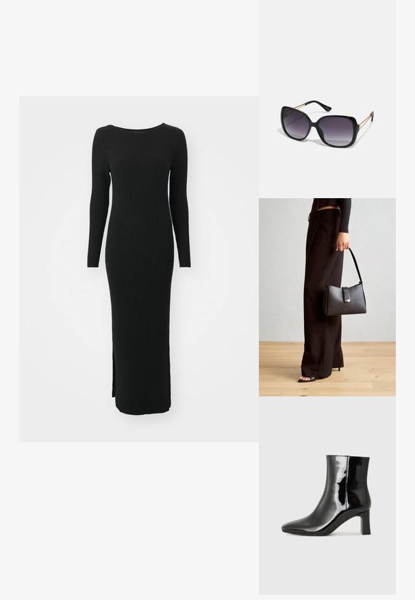 Robe longue noire à côtes avec une coupe ajustée, un col rond et des manches longues. Présente une fente sur le côté en bas pour faciliter les mouvements.; Bottines en cuir verni noir avec un bout pointu et un talon block de hauteur moyenne. Texture lisse et design minimaliste.; Lunettes de soleil noires surdimensionnées avec des verres dégradés, monture épaisse et détails en chaîne dorée sur les branches.; Sac à main noir à la forme structurée, texture lisse et fermoir métallique. Associé à un pantalon noir ample et des sandales ouvertes sur un sol en bois.