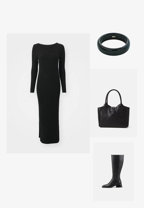 Ilgas juodas raukšlėtas suknelė su aptemptu dizainu, apvaliu iškirpimu ir ilgomis rankovėmis. Apačioje yra šoninė pjūvis, kad būtų lengviau judėti.; Juodų odinių batų iki kelių su apvalia nosimi ir žemu, kvadratiniu kulnu. Pasižymi lygia tekstūra ir minimaliais siuvinėjimo akcentais.; Juodas odinis nešiojamas krepšys su lygiu paviršiumi, struktūrine forma, dviem rankenėlėmis ir ryškiu sidabriniu sagties akcentu priekyje.; Juodos dervos apyrankė su lygiu, blizgančiu paviršiumi ir apvaliais kraštais. Viduje yra mažas auksinis "Pilgrim" logotipas.