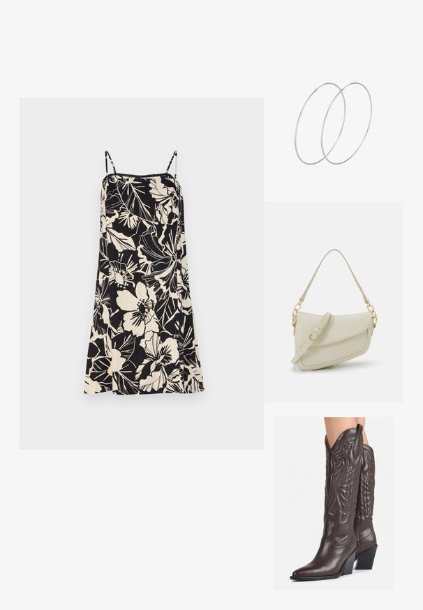 GAP - Sukienka letnia; Brązowe skórzane kowbojki z noskiem w kształcie migdała i blokowym obcasem, z detalicznym przeszyciem i podniesionymi akcentami na cholewce.; Mała torebka w kolorze kremowym z teksturowanym wykończeniem, długim regulowanym paskiem, akcentem z łańcucha oraz zapięciem na klapkę. Wykończenia w kolorze złotym.; Srebrne kolczyki w formie obręczy o minimalistycznym designie. Okrągły kształt, gładka faktura i cienki profil. Lekkie, z polerowanym wykończeniem.