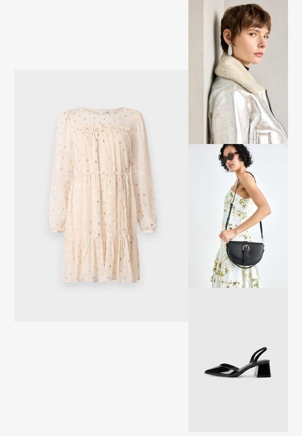 Vestido bege claro com mangas longas e bufantes, apresentando padrões de bolinhas douradas, um corpete franzido e uma bainha em camadas com babados.; Sandy em verniz preto com salto slingback, ponta afilada e salto geométrico. Apresenta um design elegante e minimalista com textura suave.; Bolsa de couro preta com forma curva, alça destacável e detalhes em dourado. A bolsa possui uma aba com detalhe de fivela.; Jaqueta de couro metálica prateada com colarinho de peles, apresentando um fecho em zip e uma superfície texturizada. Brincos grandes em forma de gota com pedras preciosas transparentes.