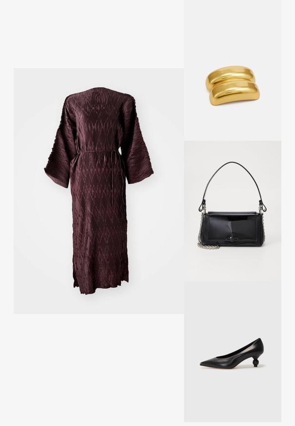 Pika, tekstuuriga tume burgundia värvi kleit pikkade varrukatega, laiade varrukatega ja peene vööga taljes, esitatud valge tausta ees.; Must musta kõrge kontsaga king, millel on terav nina ja ümar, pallikujuline konts. Sile pind ja elegantne, minimalistlik disain.; Mustmust mustkott mustmust mustkott, millel on ristkülikukujuline kuju, kettstrap ja silmapaistev viimistlusaktsent keskel. Sile tekstuur.; Kuldse metallist juukseklamber sileda ja ümarat kujundust. Pind on peegeldav, omades ühte seotud kõverat kuju ilma lisakaunistusteta.