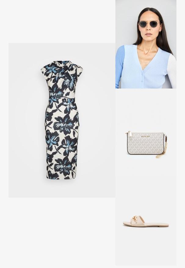 Kreem värvi lilleline midi kleit musta ja sinise lillemustriga. Omab sihvakust ja lühikeste varrukatega disaini. Sile tekstuur, põlvekõrgus.; Bežid slikked sandaalid avatud varvastega, lapik tallaga ja dekoratiivsete metallketi aktsentidega rihmal. Sile materjal, millel on minimaalne tekstuur.; Ringikujulised prillid tumedate läätsede ja kullast raamiga. Mudel on selga pannud helesinise soonikuga kardigani, millel on nupud ja kontrastsed valged varrukad.; Michael Korsi randmevõru beige kaetud kangast, millel on korduv MK logo muster, kuldne riistvara ja eemaldatav ahelistrap.