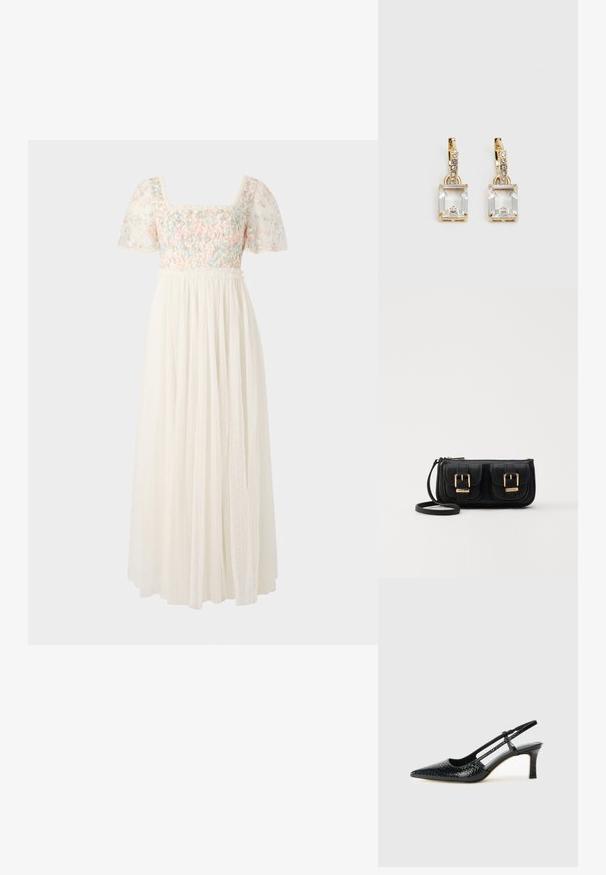 Witte jurk met een vierkante halslijn, korte pofmouwen, geborduurde bloemen in pasteltinten en een vloeiende, gepunte rok.; Zwart patent slingback hak met een spitse neus, voorzien van een gestructureerde slangenprint, verstelbare band en een korte, gestructureerde blokhak.; Zwarte leren schoudertas met twee vo pockets, gouden gespen, ritsluiting en een smalle band. Tekstuur oppervlak en compacte rechthoekige vorm.; Gouden oorbellen met een rechthoekige, heldere kristal die onder een rij kleine, ronde heldere accenten hangt. Strak, modern ontwerp.