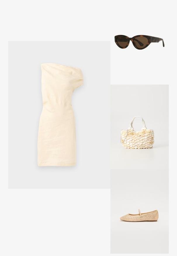 Bež, enoramno obleko s prilegajočo silhueto in gubanjem, ki ima minimalističen dizajn in gladek material.; Zlate baletne čevlje iz tkanine z ostrim nosom, ravnim podplatom in pasom čez zgornji del stopala. Imajo strukturirane vzorce na zgornjem materialu.; Sončne očala mačje oblike v barvi torto, s smešnimi rjavimi lečami, ki imajo gladke, sijoče plastične okvirje in eleganten dizajn. Brez vidnih logotipov ali poudarkov.; Bela torbica z teksturiranimi, valovitimi okrasnimi elementi, ki spominjajo na školjke. Ima pleteno ročaj in srebrno verižico za prilagodljivost.