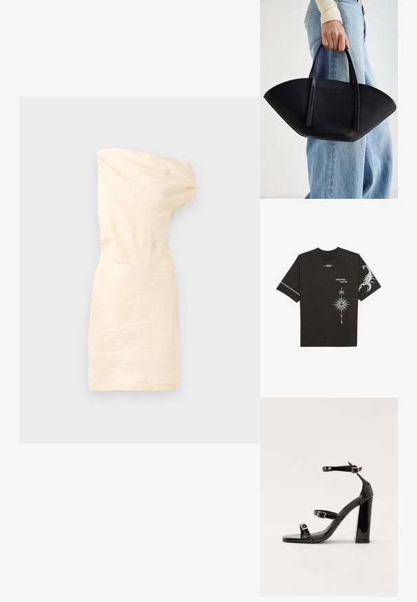 Off-white, vienas pleca kleita ar pieguļošu siluetu un sarežģītu tekstūru, ar minimālistisku dizainu un gludu audumu.; Melnas kokvilnas T-krekls ar baltajiem grafiskajiem printiem, tostarp skorpiona un abstraktiem dizainiem. Īsas piedurknes; apaļa kakla izgriezums.; Melni lakoti augstpapēžu sandales ar divām sprādzēm, kvadrātveida purngalu un masīvu papēdi, ar gludu, spīdīgu virsmu.; Melnas ādas rokassoma ar unikālu ventilatora formu, aprīkota ar plakaniem rokturiem. Virsma ir ar graudainu faktūru un minimālistisku dizainu.