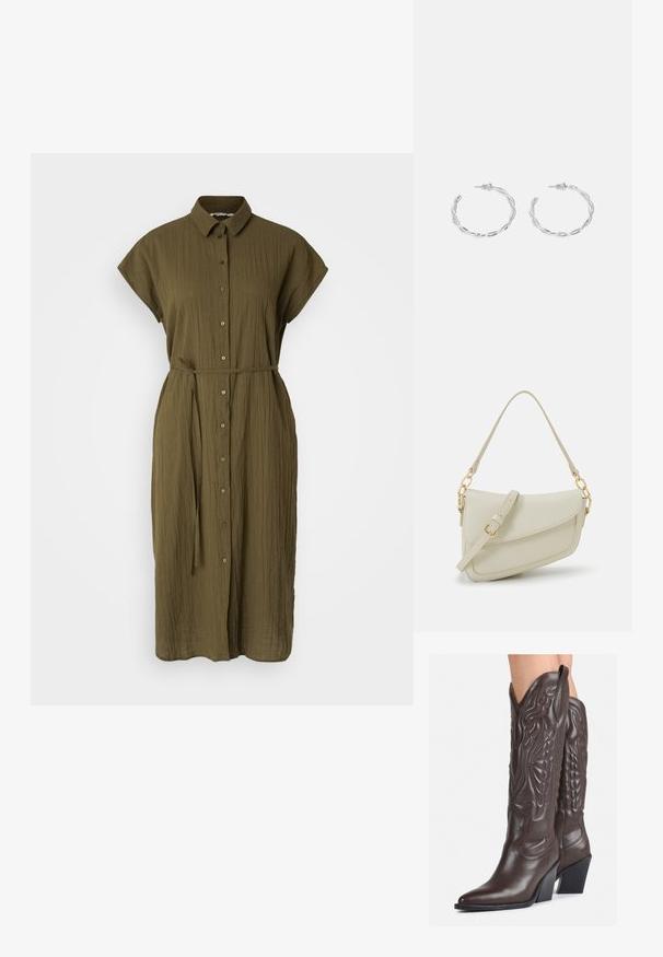 Maslinasto zeleni košuljni haljina s tkaninom teksturirane strukture, koja ima ovratnik, kratke rukave i odgovarajući pojas na struku.; Smeđe kožne kauboj čizme s šiljastim vrhom i blok-potpeticom, s detaljno izvezenim šavovima i uzdignutim naglascima na okovu.; Mala krem torbica s teksturiranim finišom, dugačkim podesivim remenom, lančanim detaljem i preklopom. Zlaćani hardver.; Srebrne naušnice s obručima i uvijenim dizajnom, s poliranim završetkom i pričvršćivanjem na stražnjoj strani. Mjere otprilike 3 cm u promjeru.