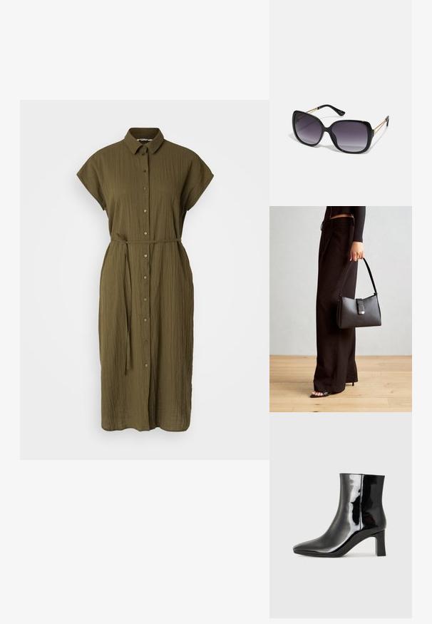 Rochie cămașă de culoare verde măslinie, dintr-un material texturat, cu guler, mâneci scurte și o curea asortată la talie.; Botine negre din piele lacuită, cu vârful ascuțit și toc bloc de înălțime medie. Textură netedă și design minimalist.; Ochelari de soare negri, supradimensionați, cu lentile degradate, rame groase și detalii cu lanț de ton auriu pe brațele templului.; Genți negre cu o formă structurată, textură netedă și un închizător metalic. Asortată cu pantaloni negri largi și sandale cu vârf deschis pe un podea din lemn.