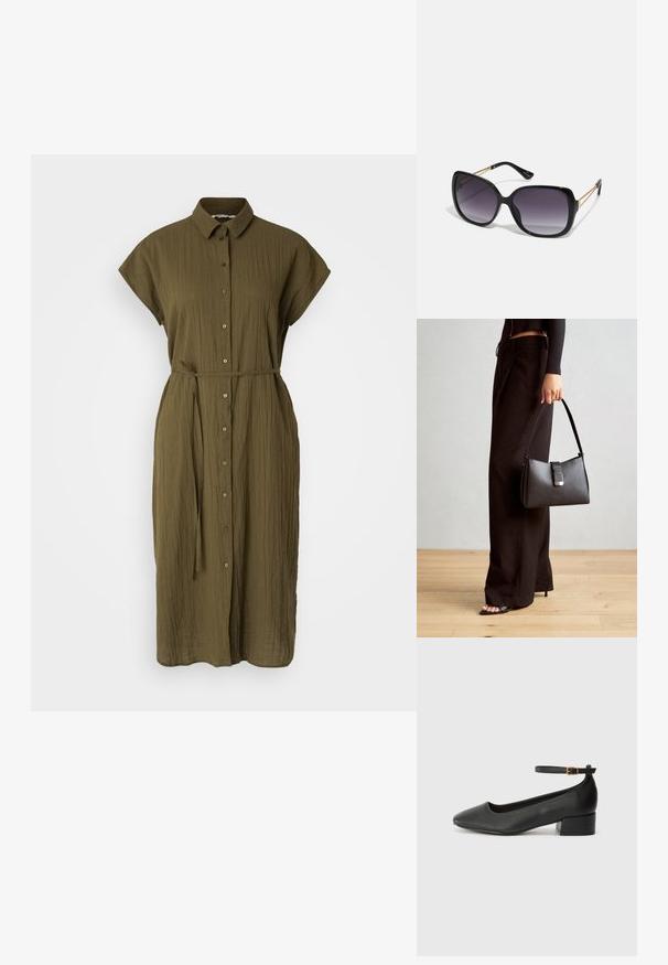 Alyvuogių žalios spalvos mygtukais užsegamas suknelė, pagaminta iš tekstūruoto audinio, turinti apykaklę, trumpas rankoves ir atitinkamą diržą juosmeniui.; Juodas odinis aukštakulnis batelis su smailiu pirštu ir žemu bloku. Su kulkšnies dirželiu su auksinės spalvos sagtimi. Lygus paviršius.; Juodos didelės saulės akinių su pereinamais objektyvais, storomis rėmeliais ir auksinės spalvos grandinėmis ant šventyklų.; Juodas rankinė struktūrizuota forma, lygi tekstūra ir metalinis užsegimas. Suporuota su plačiomis juodomis kelnėmis ir atvirais bateliais ant medinių grindų.