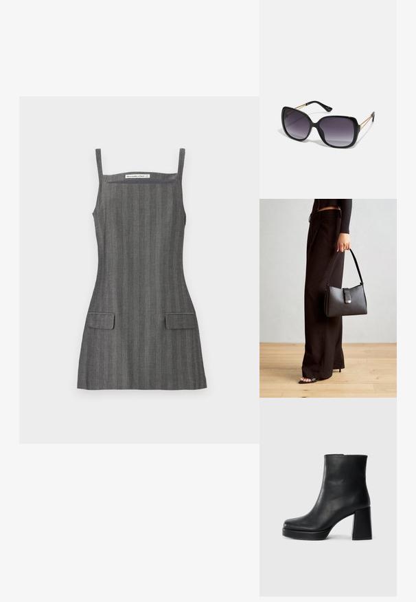 Šedé pruhované šaty s tenkými ramienkami, ktoré majú dve predné vrecká a priliehavý korzet, vyrobené z hladkej látky.; Čierne kožené členkové topánky s blokovým podpätkom a platformovou podrážkou, zobrazené z boku na bielom pozadí.; Čierne oversized slnečné okuliare s gradientovými sklíčkami, hrubými rámami a zlatým retiazkovým detailom na stranách.; Čierna kabelka so štruktúrovaným tvarom, hladkou textúrou a kovovou sponou. V kombinácii so širokými čiernymi nohavicami a sandálmi s otvorenou špičkou na drevenej podlahe.