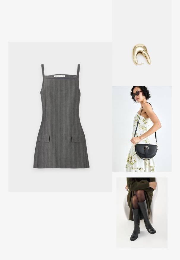 Grijs gestreepte jurk met dunne schouderbandjes, voorzien van twee opgestikte zakken aan de voorkant en een getailleerde top, gemaakt van een gladde stof.; Knieschijf hoge zwarte leren laarzen met een vierkante neus en blokhak, getoond met een model dat zit in een olijfgroene jas. Gladde textuur, minimale details.; Zwarte leren handtas met een gebogen vorm, afneembare schouderband en gouden hardware. De tas heeft een klep met een gespsluiting.; Gouden metalen oorbel met een slank, gebogen ontwerp. Beschikt over een kenmerkende puntige vorm, gepolijste oppervlakte en scharnier sluiting.