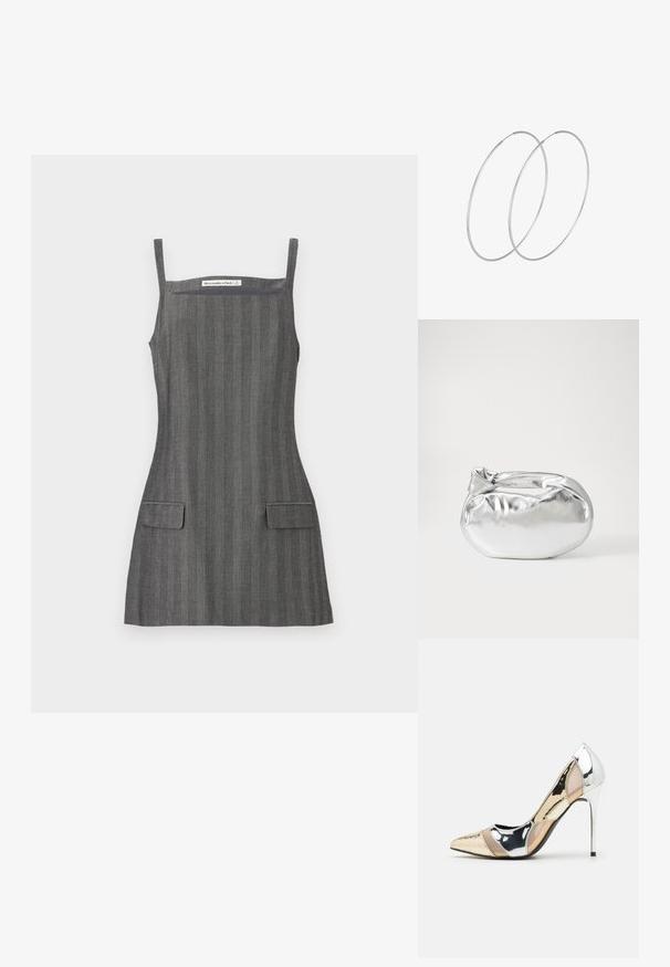 Siva prugasta obleka s tankimi naramnicami, ki ima dva sprednja žepa s patkami in prilegajoč zgornji del, izdelana iz gladkega materiala.; Čevlji z visoko peto in konico, v barvni kombinaciji srebrne, zlate in nude. Sijajna obdelava z izrezljanim dizajnom, z igličasto peto.; Srebrna kovinska torbica z mehko, zaobljeno obliko in zavezano zgornjo zaporo. Narejena iz gladkega umetnega usnja.; Srebrne uhane v obliki obroča z minimalističnim dizajnom. Krožna oblika, gladka tekstura in tanek profil. Lahki s poliranim zaključkom.