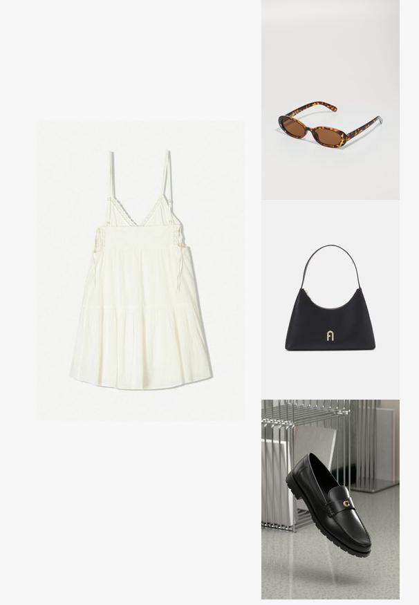 Valkoinen, hihaton mekko, jossa on säädettävät spagettiolkaimet, teksturoitu kangas ja kerrokselliset rypytykset helmassa. Yksityiskohtaiset virkattu koristeet kaula-aukon kohdalla.; Musta nahkakengät, joissa on kohotettu sauma, kultainen logoakseli ja struktuurinen hihna. Varustettu paksulla ja kestävälla kumipohjalla.; Silmustäkkilised prillid ovaalsete raamidega, pruunid läätsed ja õhukesed mustad käepidemed, millel on peened mustri aksendid.; Musta nahkakäekott kehakavaga, lühikese käepideme, kullast detailide ja ülemise lukuga. Esiosal on logo aktsent.