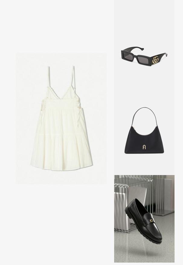 Bela brezramna obleka z nastavljivimi tankimi naramnicami, teksturirana tkanina in večplastni volani na robu. Podrobni kvačkasti dodatki na izrezu.; Črne usnjene loafers z dvignjenim šivom, zlatim logotipom in strukturirano zanko. Imajo debel, trpežen gumijast podplat.; Gucci RECTANGULAR/SQUARED - Sončna očala - black/grey; Črna usnjena torbica s ukrivljeno obliko, kratkim ročajem, z zlatim okrasjem in zgornjim zadrgo. Ima logotip na sprednji strani.