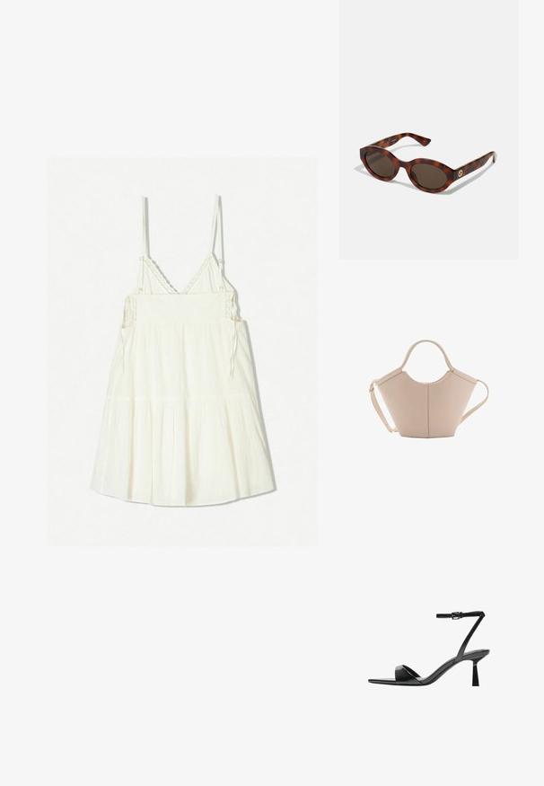 Weißes, ärmelloses Kleid mit verstellbaren Spaghetti-Trägern, einem strukturierten Stoff und gestuften Rüschen am Saum. Detaillierte Häkelakzente am Ausschnitt.; Bershka High Heel Sandalette - black; Schildpatt-Sonnenbrillen mit runden Rahmen, dunklen Gläsern und goldfarbener Logodetailierung an den Schläfen. Glattes Kunststoffmaterial, keine sichtbaren Muster.; Beige Lederhandtasche mit einer einzigartigen Form, die zwei kurze Henkel und einen langen verstellbaren Riemen aufweist. Glatte Textur mit minimalen Hardware-Elementen.