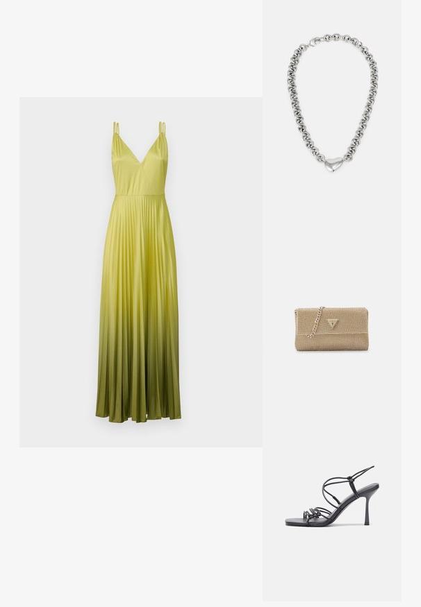 MAX&Co. VIVETTA - Occasion wear - apfelgruen; Black high-heeled sandals feature thin straps with a knotted design, a smooth square toe, and a sleek stiletto heel.; Gold handbag with an intricate beaded texture, triangular logo accent, and a metallic chain strap. Rectangular shape, sleek design.; Silver chain necklace featuring interconnected round links and a polished heart-shaped accent in the center. Secure clasp included.