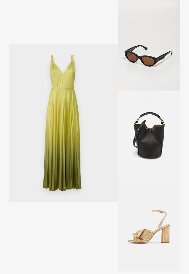 MAX&Co. VIVETTA - Alkalmi viselet - apfelgruen; Arany sarkú szandálok, elől megkötve, pliszírozott textúrával és boka pánttal. A blokksarok bordázott mintázattal rendelkezik, amely javítja a tapadást.; Fekete teknős páncél mintázatú napszemüveg barna lencsékkel, szögletes dizájn, széles szárakkal, finom logó részlettel. Simaságot sugárzó műanyag textúra.; Fekete bőr vödör táska texturált felülettel, arany hardware részletekkel és nyitott tetejével. Rövid fogantyúval és állítható vállpánttal rendelkezik.