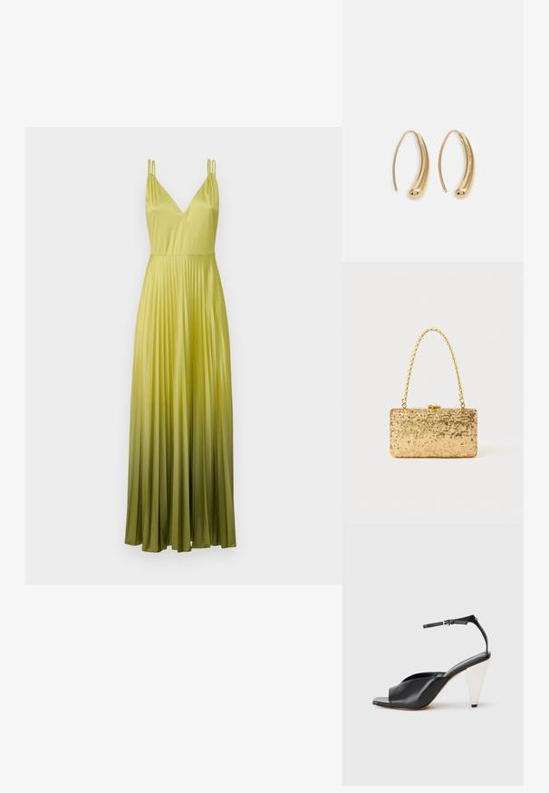 MAX&Co. VIVETTA - Abiti per occasioni speciali - apfelgruen; Sandal con tacco alto in pelle nera, con punta aperta, design asimmetrico, cinturino alla caviglia e tacco metallico a forma di cono. Texture liscia.; Clutch oro in paillettes con forma rettangolare, dotata di una maniglia in catena attorcigliata e una chiusura a scatto in metallo, che riflette la luce con una finitura testurizzata.; Orecchini a cerchio in metallo color oro con forma curva ed allungata. Presentano una superficie liscia e lucida e una punta arrotondata per un tocco di dettaglio in più.