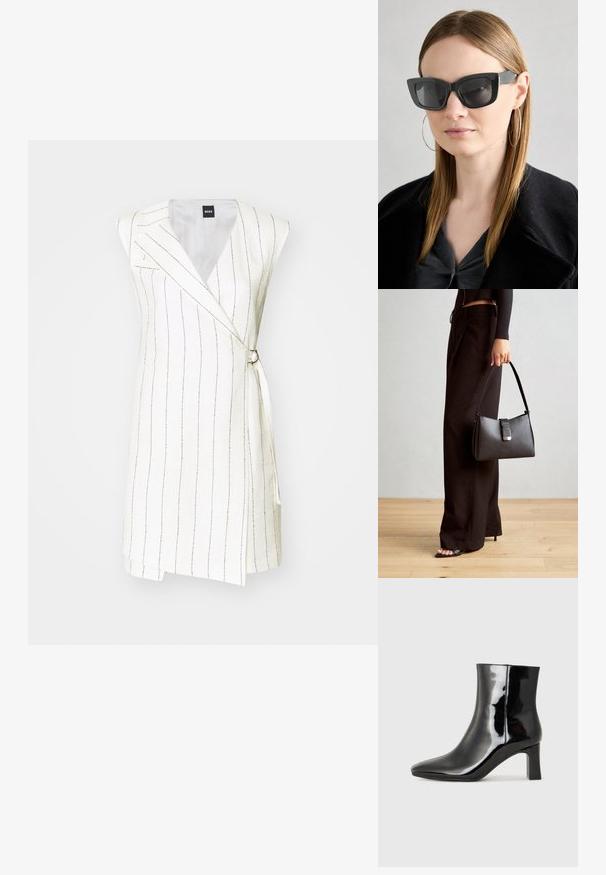 Balta bez piedurknēm ietīšanas kleita ar vertikālām zelta svītrām, ar pielāgotu dizainu, sānu saitēm un akcentētu vidukli ar apaļu metāla sprādzi.; Melnas patentētas ādas potīšu zābaki ar norādītu pirkstu un vidēja augstuma kvadrātveida papēdi. Gluda tekstūra un minimālisma dizains.; Melna kaķa acs saulesbrilles ar tumšiem objektīviem, bieziem rāmjiem un smalkiem akcentiem. Valkātas ar melnu mēteļi un pelēku augšu, ar garām taisnām matiem.; Melnā somiņa ar strukturētu formu, gludu tekstūru un metālu sprādzi. Saskaņota ar platām melnām biksēm un sandālēm ar atvērtu purngalu uz koka grīdas.