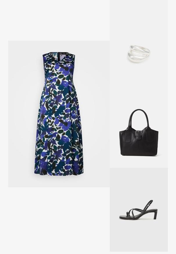 Persona by Marina Rinaldi BOHEME - Kasdienė suknelė - blue; Juodi šlepetės su kvadratiniu pirštu ir žemu bloku kulnu. Yra keli ploni dirželiai ir reguliuojamas kulkšnies diržas. Pagaminti iš lygios odos.; Juodas odinis nešiojamas krepšys su lygiu paviršiumi, struktūrine forma, dviem rankenėlėmis ir ryškiu sidabriniu sagties akcentu priekyje.; Sidabrinis dvigubas žiedas su lygiu, poliruotu paviršiumi. Pasižymi sklandžiu, kreiptu dizainu su persipinančiomis dalimis, suteikiančiomis modernų išvaizdą.