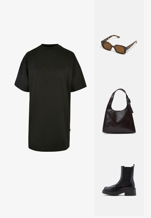 Svart bomullströja med rund halsringning och korta ärmar. Löst sittande, enkelt design, och inga synliga mönster eller detaljer.; Svarta chelsea-boots med en kraftig klack, med en glänsande läderöverdel och elastiska sidopaneler för enkel på- och avtagning. Solitt gummisul.; Sköldpaddsmönstrade solglasögon med en rund, kraftig ram och bruna linser. Har subtila mönster och raka, avsmalnande skalmar.; Brun läder axelväska med en slät yta, rund form, bred rem och cirkulär metallaccent på handtaget.