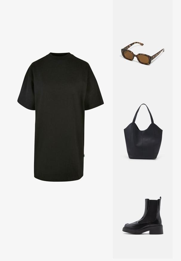 Svart bomulls T-skjorte med rund hals og korte ermer. Løs passform, ensfarget design, og ingen synlige mønstre eller detaljer.; Sorte chelsea-støvler med en kraftig hæl, med blødt læderoverdel og elastiske sidepaneler for nem påtagning. Solid gummisål.; Skilpaddeskall solbriller med en rund, kraftig ramme og brune linser. Har subtile mønstre og rett, avsmalnende armer.; Svart tote-veske laget av glatt lær, med en buet, åpen topp og to skulderstropper, samt et minimalistisk design.