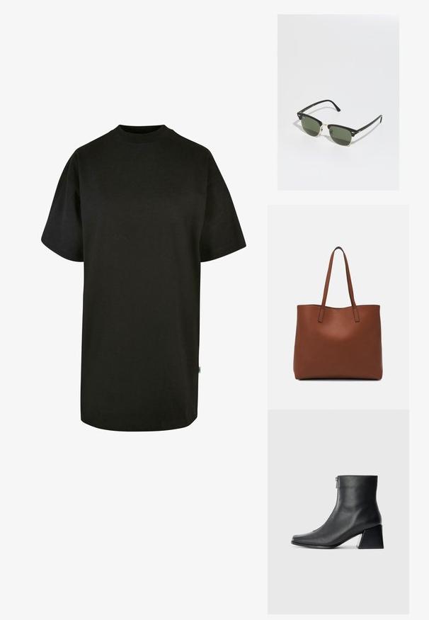 Svart bomulls T-skjorte med rund hals og korte ermer. Løs passform, ensfarget design, og ingen synlige mønstre eller detaljer.; Sorte skinnankelsko med firkantet tå, glidelås på siden og blokkhæl mot en vanlig lys bakgrunn.; Sorte og gull solbriller med grønne linser, med katteøyne-form, metalliske detaljer og en teksturert innfatning.; Brun lær tote veske med en jevn tekstur, åpen toppdesign og to skulderstropper. Har minimal søm og ingen synlige spiker.