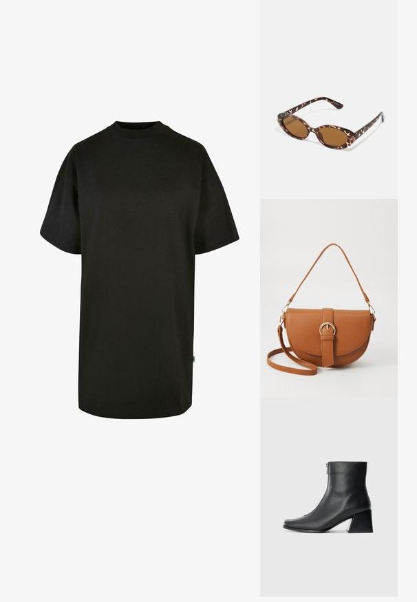 Czarna bawełniana koszulka z okrągłym dekoltem i krótkimi rękawami. Luźny krój, jednolity wzór, bez widocznych wzorów lub akcentów.; Czarne skórzane botki za kostkę z kwadratowym noskiem, bocznym zamkiem błyskawicznym i słupkowym obcasem na jasnym tle.; Okulary przeciwsłoneczne w kolorze tortoise z owalnymi soczewkami, brązowymi w odcieniu, cienkimi ramionami z teksturowanym wzorem, lekką plastikową oprawką.; Brązowa skórzana torba na ramię o zaokrąglonym kształcie, ze złotymi akcentami i zapięciem w formie klamry. Posiada odpinany pasek na ramię.
