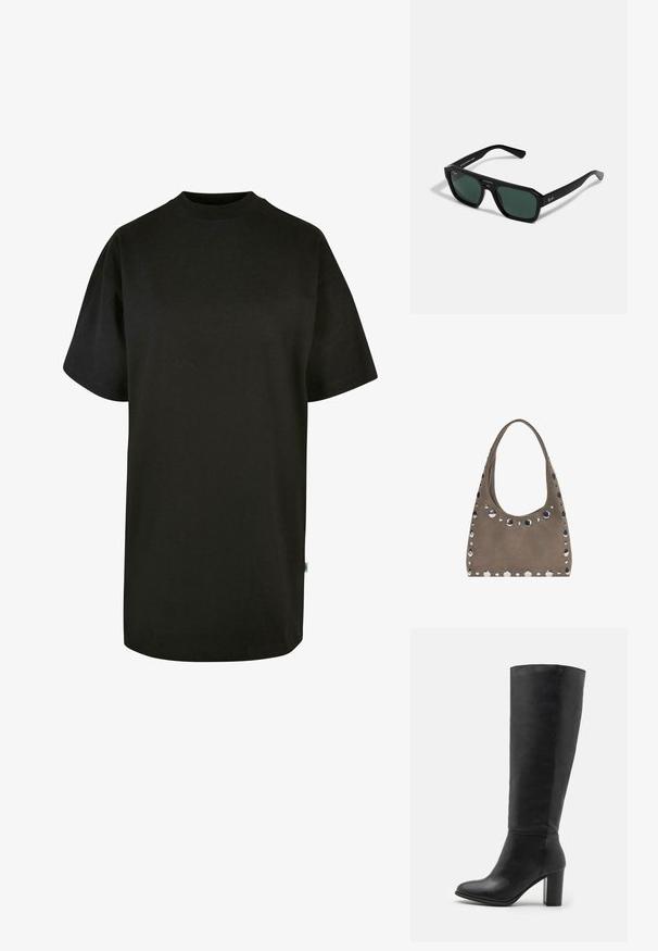Czarna bawełniana koszulka z okrągłym dekoltem i krótkimi rękawami. Luźny krój, jednolity wzór, bez widocznych wzorów lub akcentów.; Czarne kozaki do kolan wykonane z gładkiej skóry, z szerokim obcasem i zaokrąglonym czubkiem. Minimalistyczny design bez widocznych elementów metalowych czy dekoracji.; Czarne prostokątne okulary przeciwsłoneczne z zielonymi soczewkami. Wykonane z plastiku w ośmiokątnym kształcie i gładkim wykończeniu. Posiadają logo Ray-Ban z boku.; PULL&BEAR - Torba na zakupy