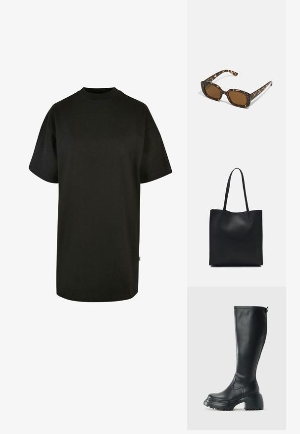 Tricou negru din bumbac cu guler rotund și mâneci scurte. Croi lejer, design simplu, fără modele sau accente vizibile.; Cizme lungi din piele neagră cu talpă platformă masivă și tocul pătrat, având un tab de tragere și un model texturat pe talpa exterioară.; Ochelari de soare cu chelă de broască țestoasă, având un cadru rotund și voluminos, cu lentile maro. Prezintă modele subtile și brațe drepte, conice.; Geantă tote neagră din piele, cu textură netedă, formă rectangulară și două mânere lungi. Fără hardware vizibil sau ornamente.