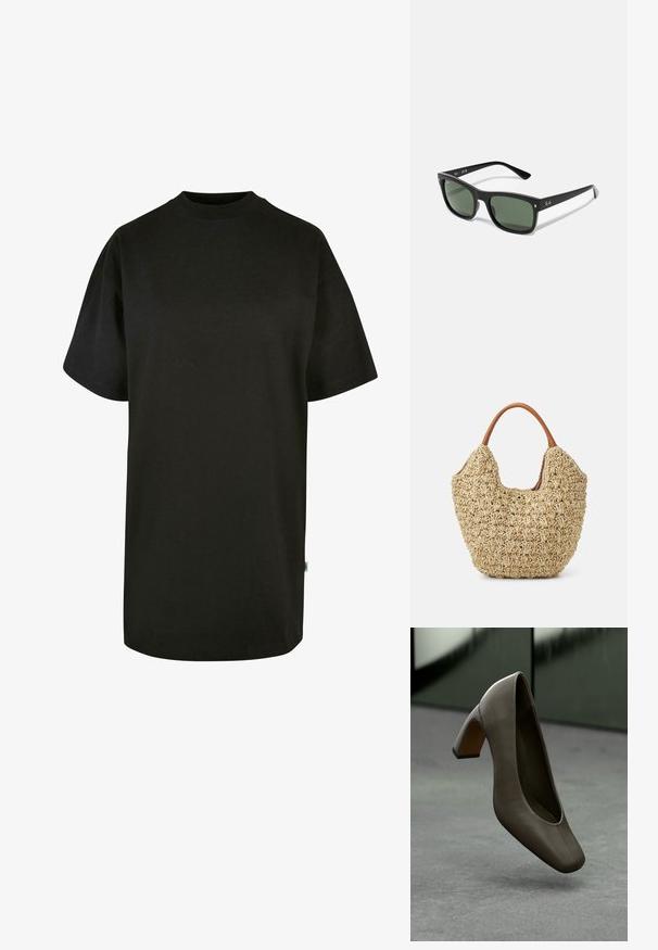 Schwarzes Baumwoll-T-Shirt mit rundem Halsausschnitt und kurzen Ärmeln. Lockere Passform, schlichtes Design und keine sichtbaren Muster oder Akzente.; Dunkelolivgrüner Leder-Highheel mit quadratischer Zehenform und Blockabsatz, schwebend über einem grauen Betonboden mit verschwommenem grünen Hintergrund.; Schwarze rechteckige Sonnenbrille mit dunkelgrünen Gläsern, aus Kunststoff gefertigt, mit metallischen Details in der Nähe der Gläser und dem Markenlogo am Bügel.; Geflochtene Strohtasche mit natürlicher Textur und weicher, organischer Form, ausgestattet mit braunen Ledergriffen für einfaches Tragen.