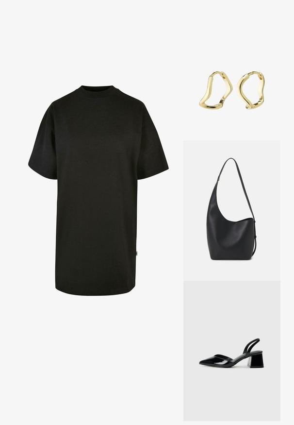 Schwarzes Baumwoll-T-Shirt mit rundem Halsausschnitt und kurzen Ärmeln. Lockere Passform, schlichtes Design und keine sichtbaren Muster oder Akzente.; Schwarze Lackleder-Slingback-High Heels mit spitzem Schuh und einem geometrischen Blockabsatz. Verfügt über ein schlankes, minimalistisches Design und eine glatte Textur.; Schwarze Leder-Hobo-Tasche mit einer glatten Textur, geschwungener Form und einem einzelnen verstellbaren Tragegurt; verfügt über eine weite Öffnung am oberen Ende.; Goldene Creolen mit einem fließenden, wellenartigen Design. Glatte Textur, offenes Format und keine sichtbaren Verschlüsse. Minimalistischer und moderner Ausdruck.