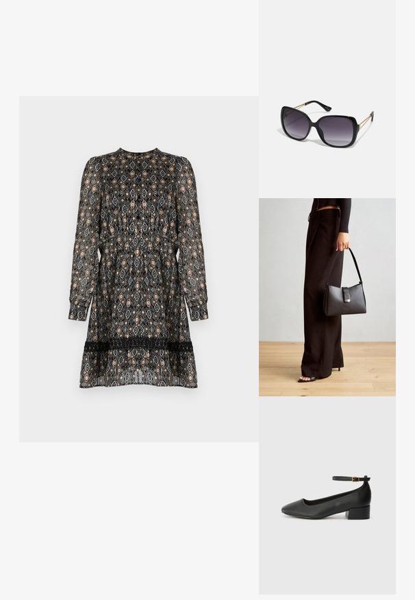 Svart mønstrete kjole med lange ermer, med en diamantdesign i beige og brunt, og en blonderkant nederst.; Sorte skinnpumper med spiss tå og lav blokkhelt. Har ankelrem med gullfarget spenne. Glatt tekstur.; Sorte oversized solbriller med gradient linser, tykke rammer og detaljering med gulltonekjede på tempelarmene.; Svart håndveske med strukturert form, jevn tekstur og metallisk lås. Kombinert med brede svarte bukser og sandaler med åpen tå på tregulv.