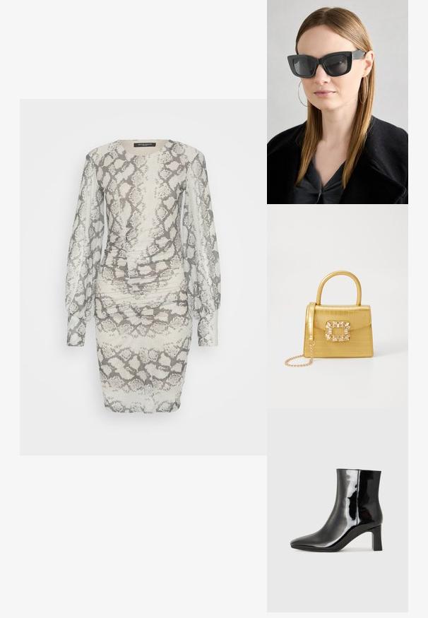 Haljina sa uzorkom zmije koja ima duge napuhane rukave, prilagođenu siluetu i detalje nabrane tkanine u nijansama bež i sive.; Crne lakirane kožne gležnjače s šiljastim prstom i srednje visokom blok petom. Glatka tekstura i minimalistički dizajn.; Crne mačje naočale s tamnim staklima, debelim okvirima i suptilnim detaljima. Nosit će se s crnim kaputom i sivoj majici, s dugom ravnom kosom.; Žuta torbica od umjetnog krokodila sa strukturiranim dizajnom, gornjom ručkom, odvojivim lančićem i dekorativnim kristalnim ukrasom na kopči.