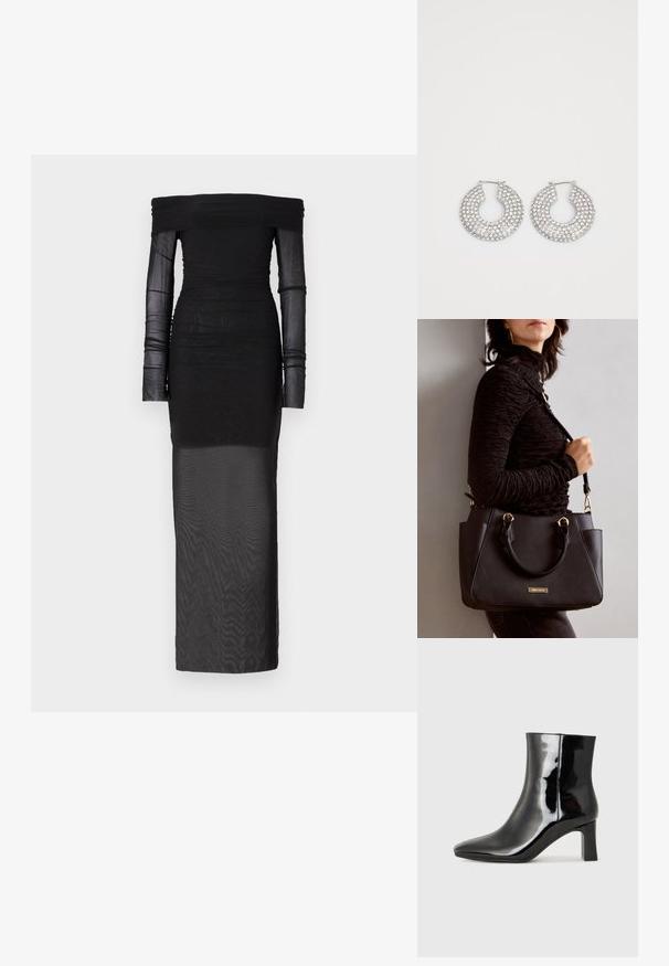 Bec + Bridge SASHAY GATHERED DRESS - Proginė apranga - black; Juodos lakuotos odinės aulinukės su smailiu pirštu ir vidutinio aukščio blokuotu kulnu. Lygus paviršius ir minimalistinis dizainas.; Juodas rankinės maišelis su struktūrizuota paviršiumi, dvigubais viršutiniais rankenėlėmis ir reguliuojamu peties diržu. Įrengtas aukso spalvos furnitūra ir šoninės kišenės.; Sidabrinės auskarų žiedai, papuošti daugybe skaidrių kristalų akcentų, su tekstūruota paviršiumi ir atviru apvaliu dizainu.