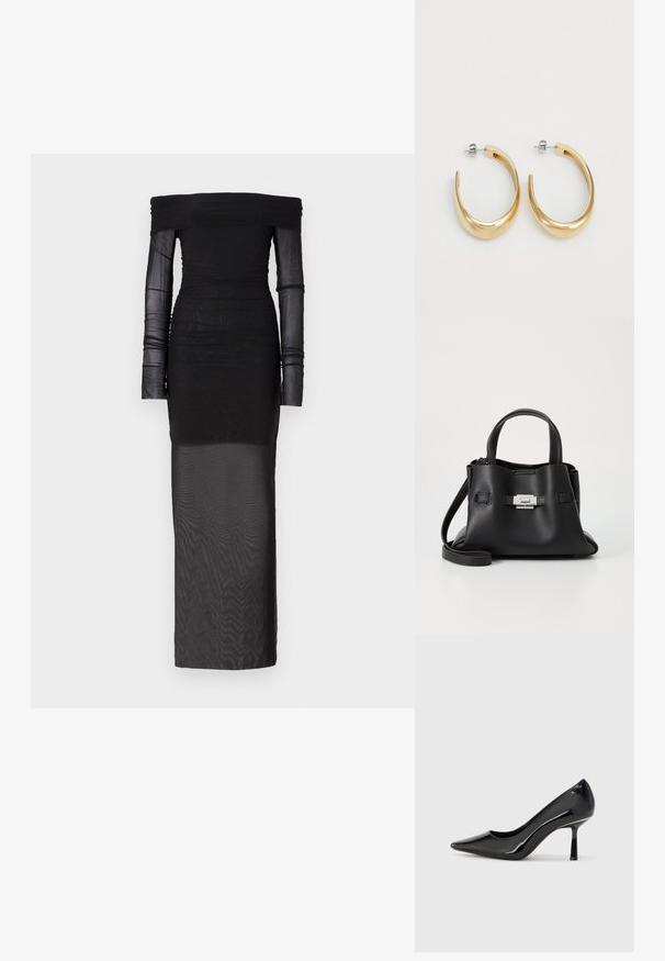 Bec + Bridge SASHAY GATHERED DRESS - Îmbrăcăminte de ocazie - black; Pantofi cu toc înalt din piele lak cu vârf ascuțit, design elegant, și toc subțire stiletto, având o textură netedă și lucioasă.; Geantă de mână din piele neagră cu o finisare texturată, având două mânere superioare, o curea de umăr detașabilă și un detaliu cu închidere din argint.; Cercei cercei de tip hoop de culoare aurie, cu un design neted și curbat. Fabricate din metal, având un finisaj elegant și închidere cu tijă.