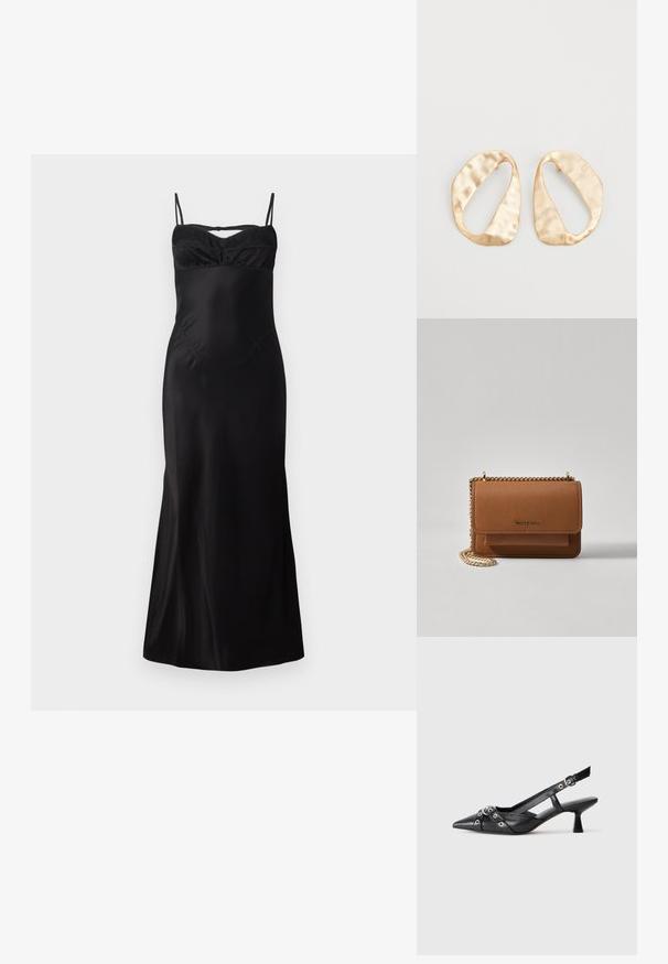Vestido preto justo com alças finas, apresentando um busto franzido e tecido suave e fluido. Comprimento médio com uma leve abertura na bainha.; Sapato slingback em couro preto com biqueira fina, tiras decorativas com ilhós de metal e um pequeno salto quadrado. Superfície texturizada.; Bolsa crossbody de couro texturizado castanho com alça de corrente dourada e fecho com aba. A parte da frente apresenta detalhe do logótipo e um bolso sob a aba.; Par de brincos irregulares em forma oval, feitos de metal dourado, com uma superfície texturizada e ligeiramente martelada, sobre um fundo branco.