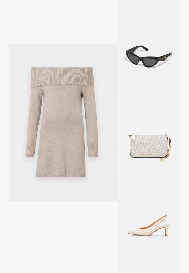 Beige vállnélküli pulóver, kötött textúrával, hosszú ujjak, bordás nyak- és mandzsettázás, félcombig érő hosszúság, sima anyagfelület.; Fehér slingback sarok, hegyes orral, sima felső anyaggal, alacsony blokk sarkával és oldalsó kivágott dizájnnal, állítható csatpánttal.; Macska szemformájú napszemüveg matt fekete műanyag kerettel, sötét lencsékkel és arany logóval a szárán. Szögletes kialakítás és sima felület.; Michael Kors bézs bevonatos vászon karkötő, amely ismétlődő MK logó mintával, aranyszínű fémrészletekkel és levehető lánchordóval rendelkezik.