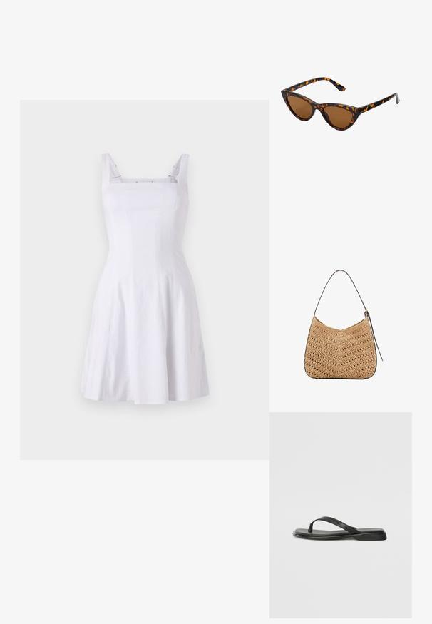 Bela brezrokavna obleka s prilagojenim korzetom, kvadratnim izrezom in A-linijo krila. Izdelana iz strukturirane tkanine z kontrastnimi naramnicami.; Črne japanke iz gladke usnjene materiale, z tankim trakastim dizajnom in ravnim podplatom minimalnega profila. Brez opaznih vzorcev ali dodatkov.; Mačje oči sončna očala z okvirom v črno-oranžni želvej ohišji, rjavimi lečami in elegantnimi, ostrimi konicami. Imajo minimalistični logo na ročaju.; Tkanina iz slame za ramensko torbico s ukrivljeno obliko, ki ima temno usnjeno naramnico in teksturo s chevron vzorcem.