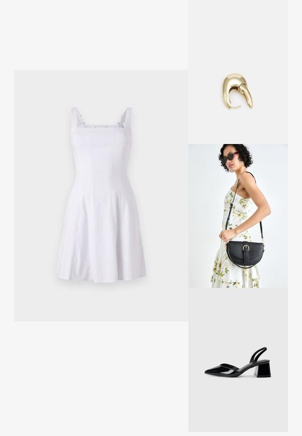 Weißes ärmelloses Kleid mit tailliertem Oberteil, quadratischem Ausschnitt und A-Linien-Rock. Hergestellt aus strukturiertem Material mit kontrastierenden Trägern.; Schwarze Lackleder-Slingback-High Heels mit spitzem Schuh und einem geometrischen Blockabsatz. Verfügt über ein schlankes, minimalistisches Design und eine glatte Textur.; Schwarze Lederhandtasche mit geschwungener Form, abnehmbarem Tragegurt und goldenen Beschlägen. Die Tasche verfügt über einen Deckel mit einer Schnallen-Details.; Ohrringe aus goldfarbenem Metall mit einem schlanken, geschwungenen Design. Sie verfügen über eine markante, spitze Form, eine polierte Oberfläche und einen Scharnierverschluss.