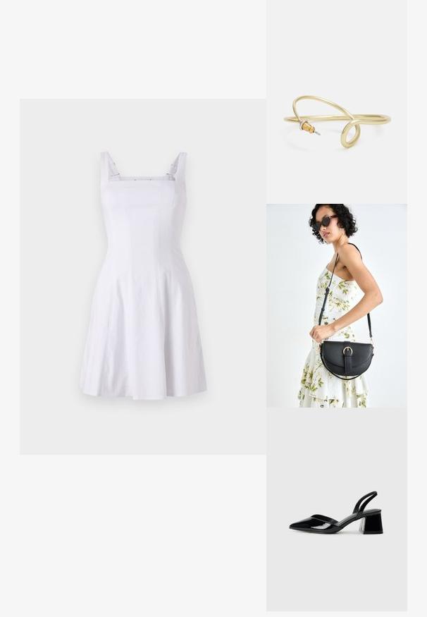 Hvid ærmeløs kjole med tætsiddende liv, firkantet udskæring og A-formet skørt. Fremstillet af struktureret stof med kontrasterende stropper.; Sorte patentlæder slingback hæle med spids tå og en geometrisk blok hæl. Har et elegant, minimalistisk design og en glat tekstur.; Sort læderhåndtaske med en buet form, aftagelig rem og guldfinish. Tasken har en klap med en spænde detalje.; Guldfarvet metalarmbånd med flydende, kurvet design. Har en lille, fremtrædende sølvfarvet accent i den ene ende.