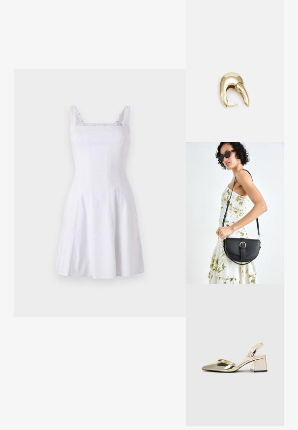 Valkoinen olkaimeton mekko, jossa on tiukka yläosa, neliömäinen kaula-aukko ja A-linjainen hame. Valmistettu teksturoidusta kankaasta, jossa on erottuvat hihnat.; Kultaiset, metalliset slingback-kengät, joissa on teräväkärkiset ja paksut korot. Sileä pinta, minimalistinen muotoilu ja kapea hihna.; Musta nahkainen käsilaukku, joka on kaareva muotoilultaan, irrotettavalla hihnalla ja kultaisilla yksityiskohdilla. Laukussa on läppä, jossa on solk yksityiskohta.; Kultahipuinen korvakoru, jossa on sulavalinjainen, kaareva muotoilu. Ominaisuuksiin kuuluu erottuva terävä muoto, kiillotettu pinta ja sarana kiinnitys.