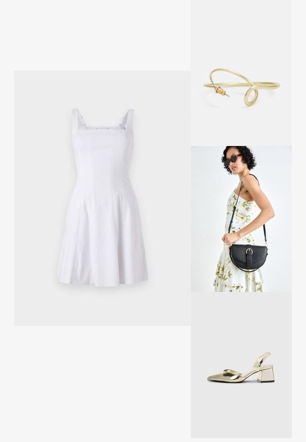 Witte mouwloze jurk met een aansluitende lijfje, vierkante halslijn en een A-lijn rok. Gemaakt van gestructureerde stof met contrasterende bandjes.; Gouden, metalen slingback hakken met een spitse neus en een chunky hak. Glad oppervlak, minimalistisch ontwerp en een smalle band.; Zwarte leren handtas met een gebogen vorm, afneembare schouderband en gouden hardware. De tas heeft een klep met een gespsluiting.; Gouden metalen armband met een vloeiende, kromme vormgeving. Bevat een kleine, opvallende, zilvergekleurde accent aan één uiteinde.