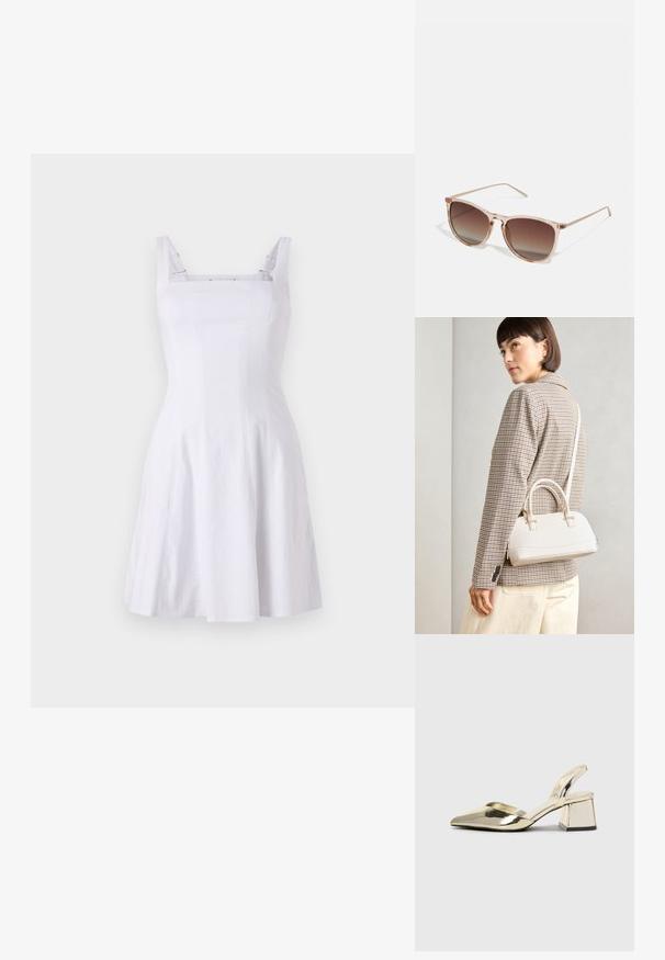 Biała bezrękawnikowa sukienka z dopasowanym gorsetem, kwadratowym dekoltem i spódnicą w kształcie litery A. Wykonana z teksturowanej tkaniny z kontrastującymi ramiączkami.; Złote, metaliczne szpilki z boku z wydłużonym noskiem i grubym obcasem. Gładka faktura, minimalistyczny design i wąski pasek.; Brązowe okulary przeciwsłoneczne w gradientowym kolorze z przezroczystym różowym ramkiem, w kształcie kwadratu, z cienkimi metalowymi zausznikami. Posiadają zaokrąglone krawędzie i minimalne wykończenie.; Biała torebka o strukturalnym kształcie z krótkimi uchwytami i paskiem na ramię, z złotymi akcentami i teksturowanym materiałem, prezentowana na szarym tle.