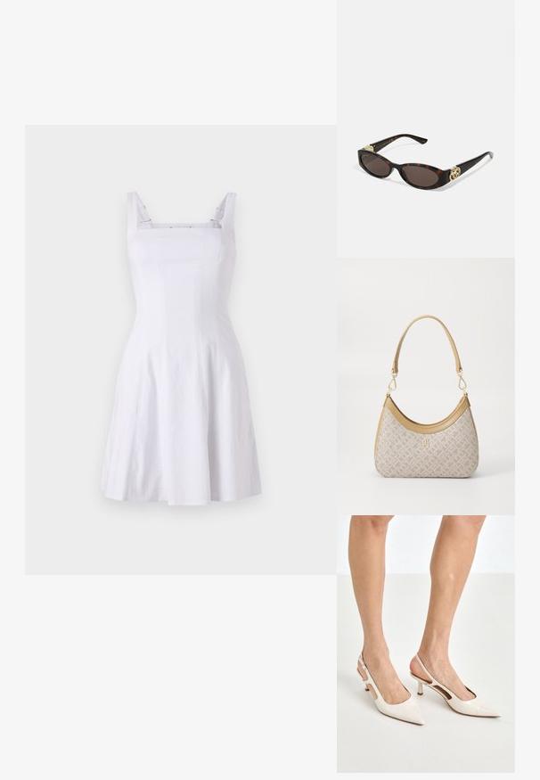 Robe blanche sans manches avec un corsage ajusté, décolleté carré et jupe évasée. Conçue en tissu texturé avec des bretelles contrastées.; Escarpins à talon slingback en cuir verni beige avec un bout pointu et un talon de 5 cm, présentant des côtés découpés et une fine bride à la cheville.; Lunettes de soleil en écaille, avec des verres ovales allongés, teinte marron, accents de logo doré sur les branches et montures noires élégantes.; Sac à main en beige à motif, avec une forme incurvée, des accents en cuir et un logo en ton doré sur le devant. Il dispose d'une poignée courte pour un transport facile.
