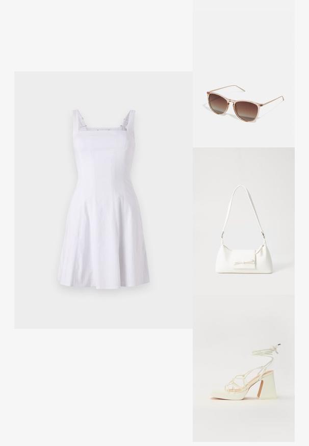 Biała bezrękawnikowa sukienka z dopasowanym gorsetem, kwadratowym dekoltem i spódnicą w kształcie litery A. Wykonana z teksturowanej tkaniny z kontrastującymi ramiączkami.; Biała sandał na wysokim obcasie z masywnym słupkiem, z paskowym wzorem i wiązaniem przy kostce. Gładka faktura z platformą z przodu dla dodatkowej wysokości.; Brązowe okulary przeciwsłoneczne w gradientowym kolorze z przezroczystym różowym ramkiem, w kształcie kwadratu, z cienkimi metalowymi zausznikami. Posiadają zaokrąglone krawędzie i minimalne wykończenie.; Biała syntetyczna torba o trójkątnym kształcie, płaskim przednim klapce i detalach w postaci kokardy, regulowanym pasku, gładkiej fakturze oraz minimalistycznym designie.